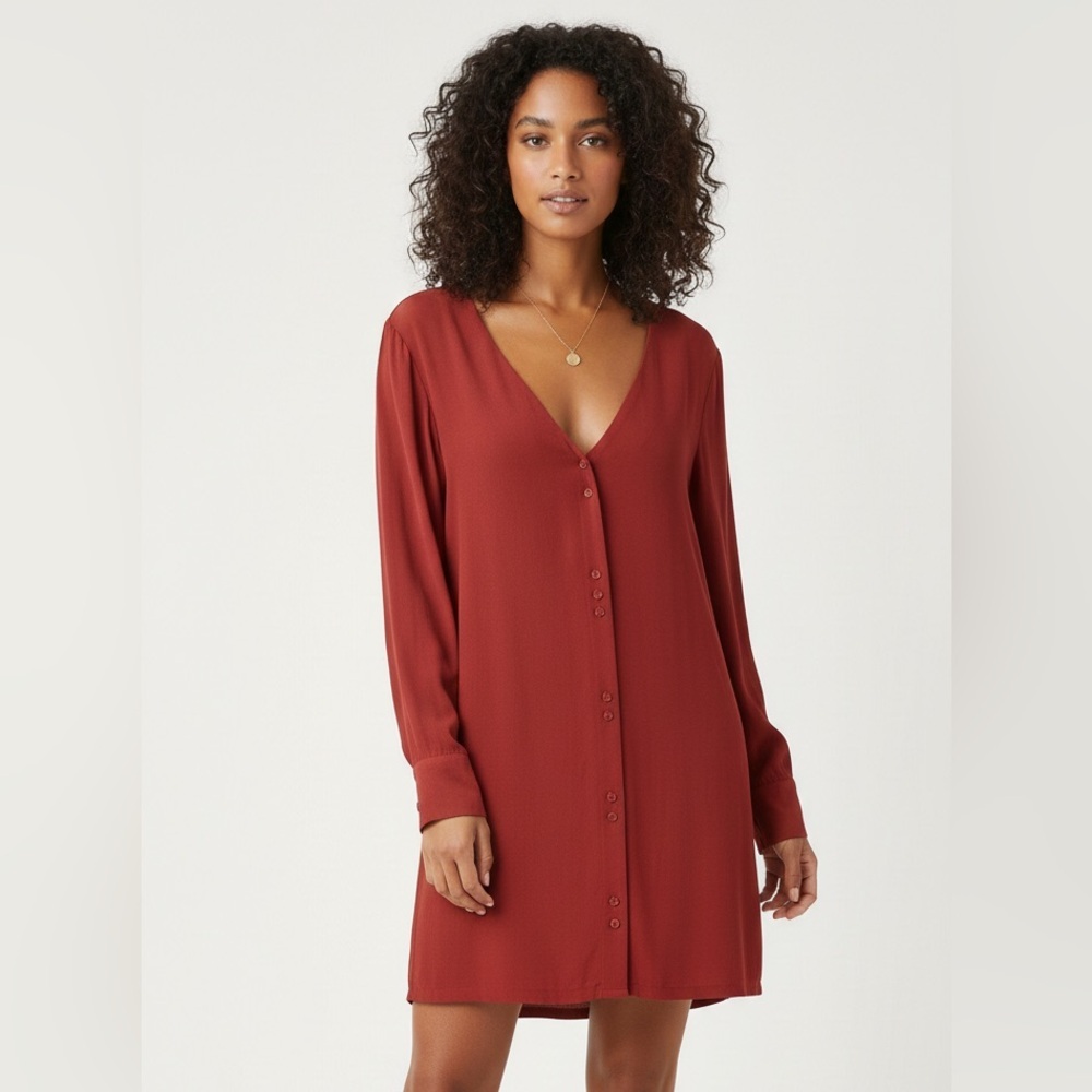Madewell Button-Front Novel Dress in Rusted Red Crepe V-Neck Shift Dress Size S